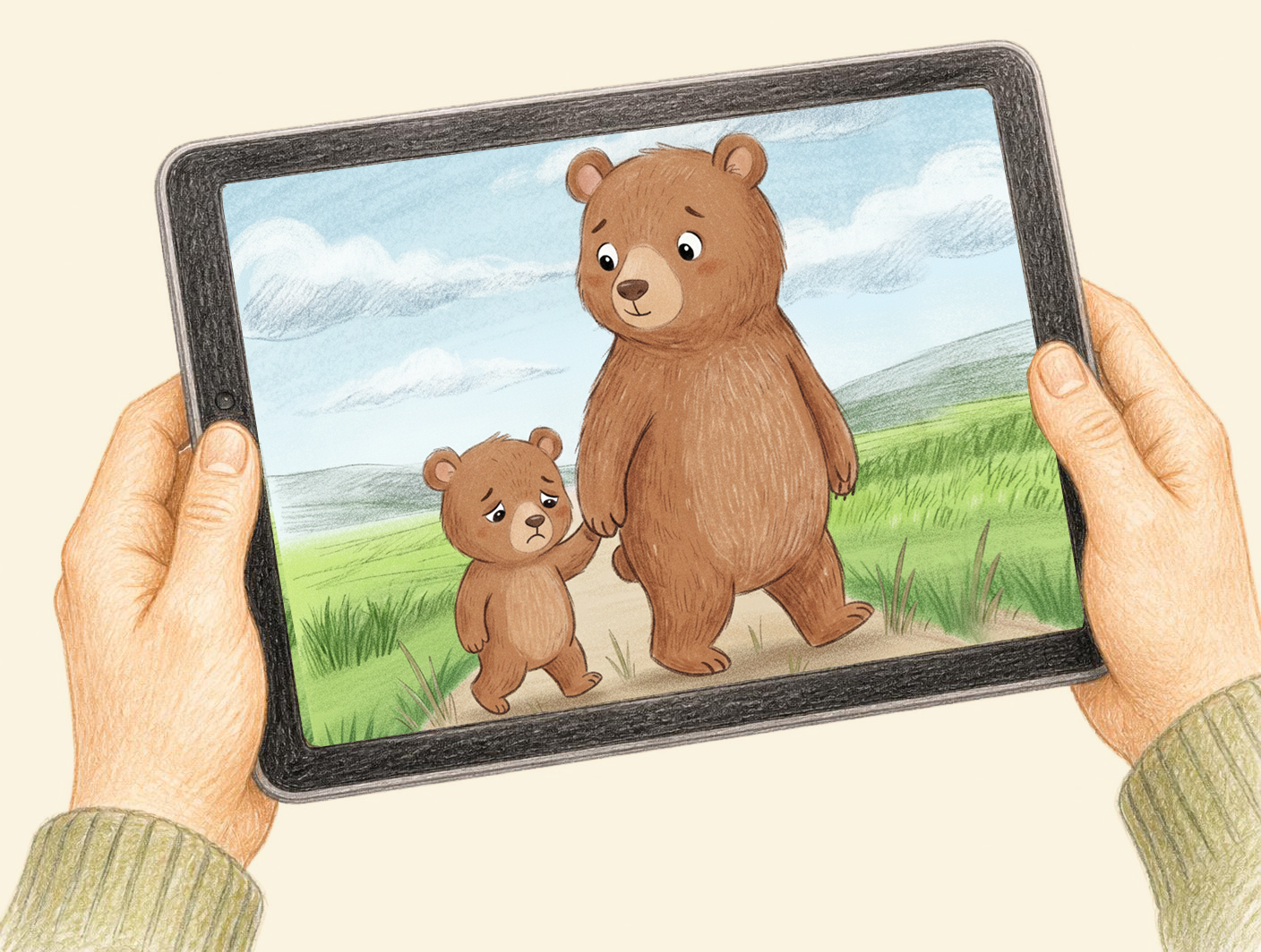 Ruce držící tablet s interaktivním příběhem veverky