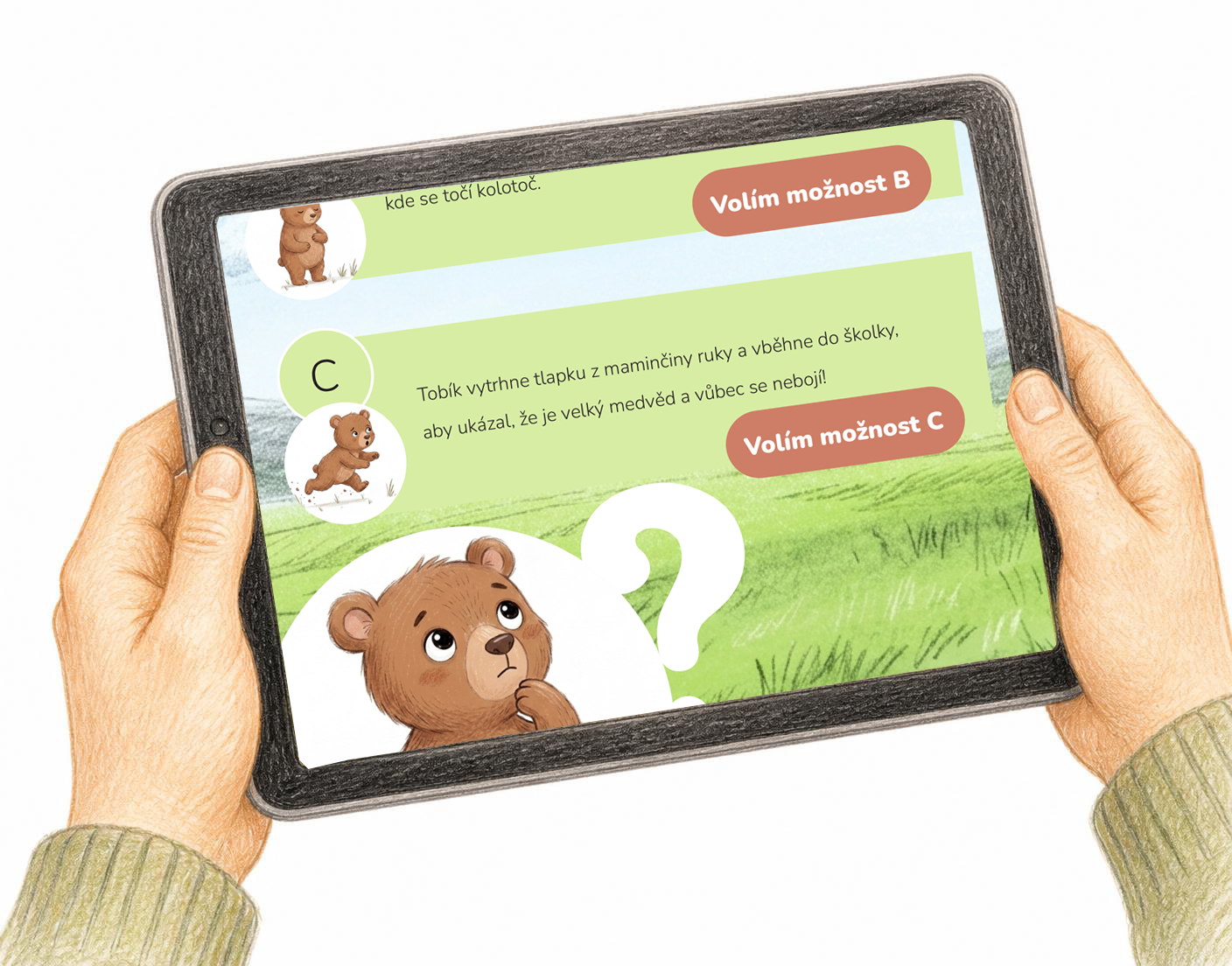 Ruce držící tablet s příběhem medvídka Tobíka