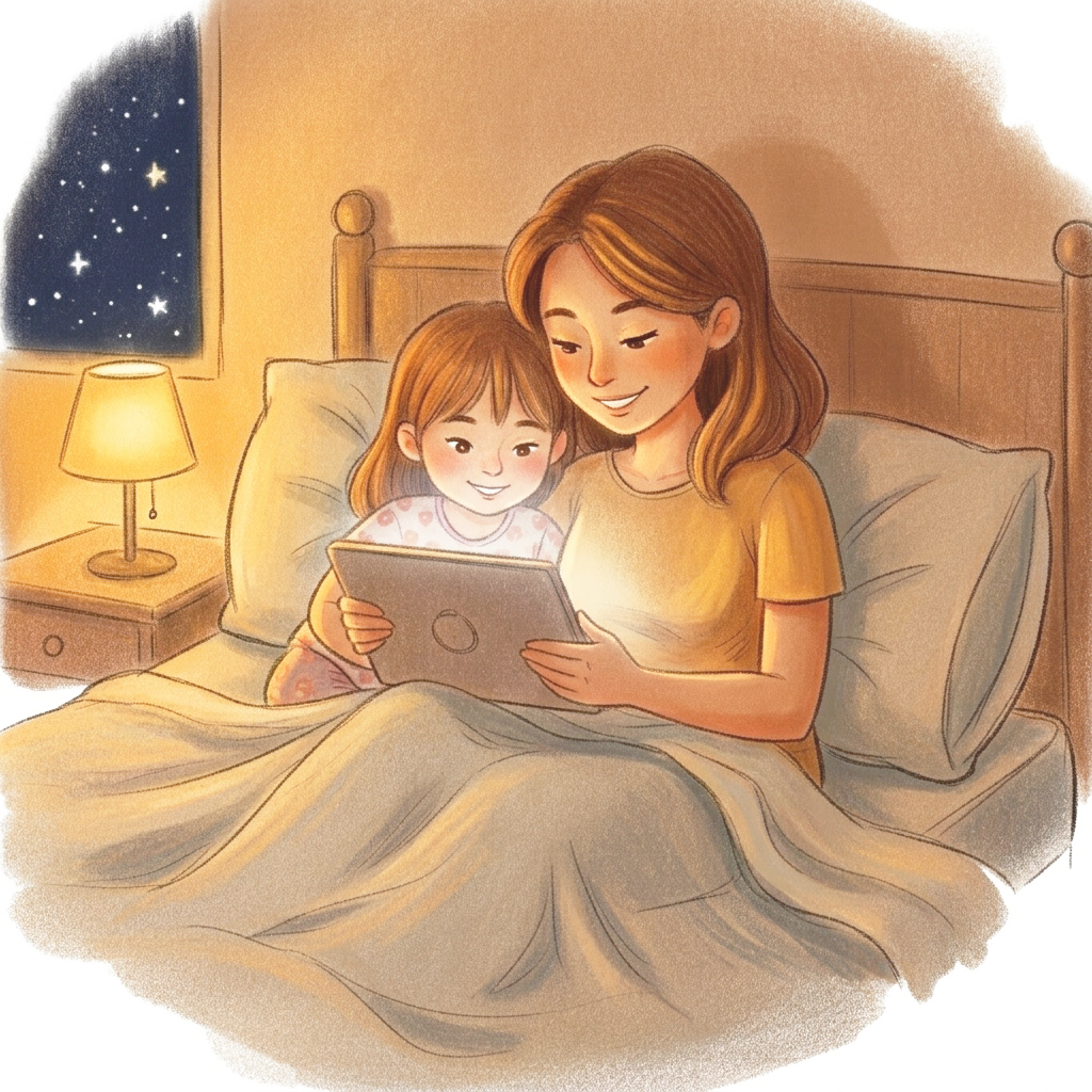 Maminka s dítětem čtou večer v posteli příběh na tabletu